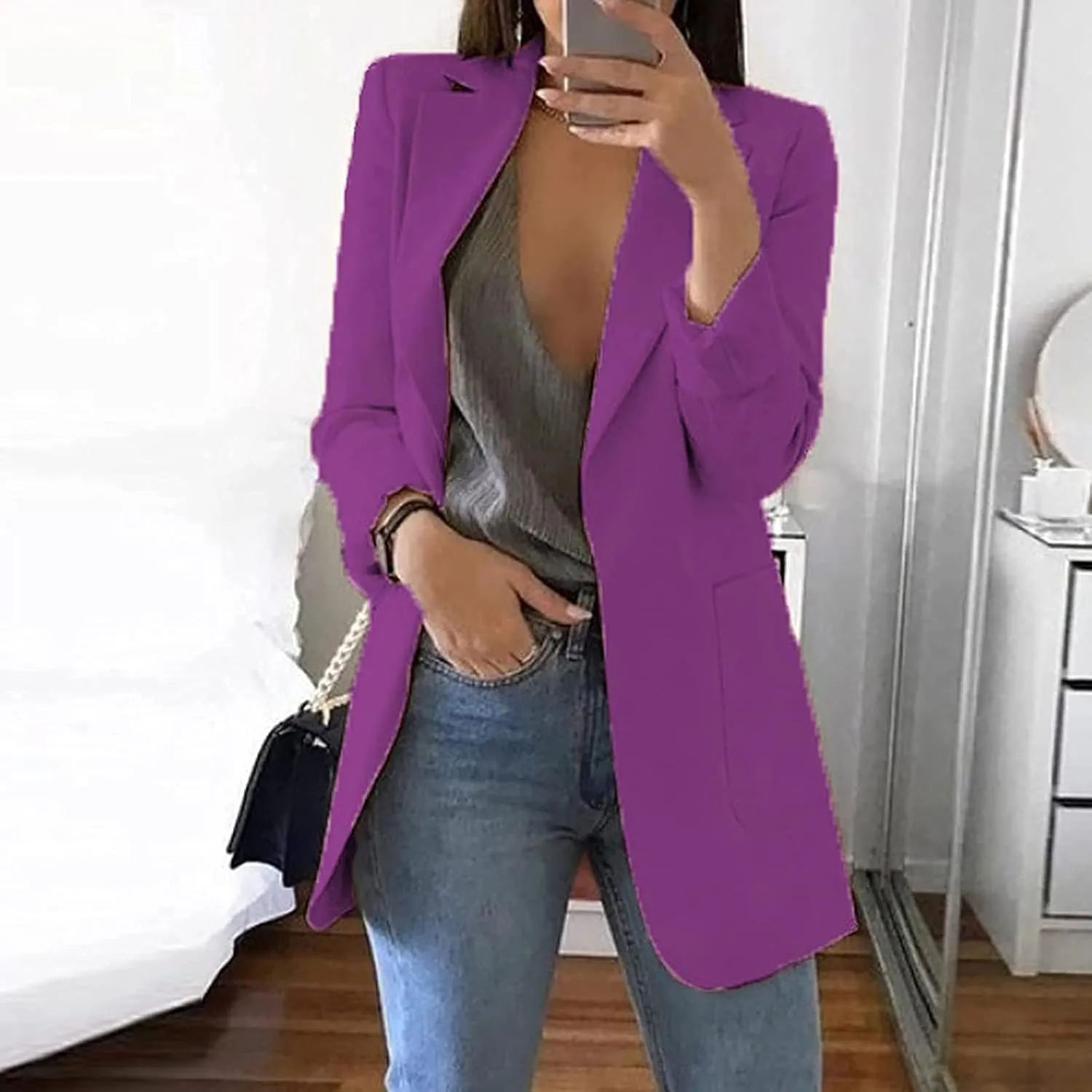 Womens Casual Blazer Fall Windproof Coat Solid Business Suit Work Office Jacket with Pocket Cardigans Plus Size Outwear