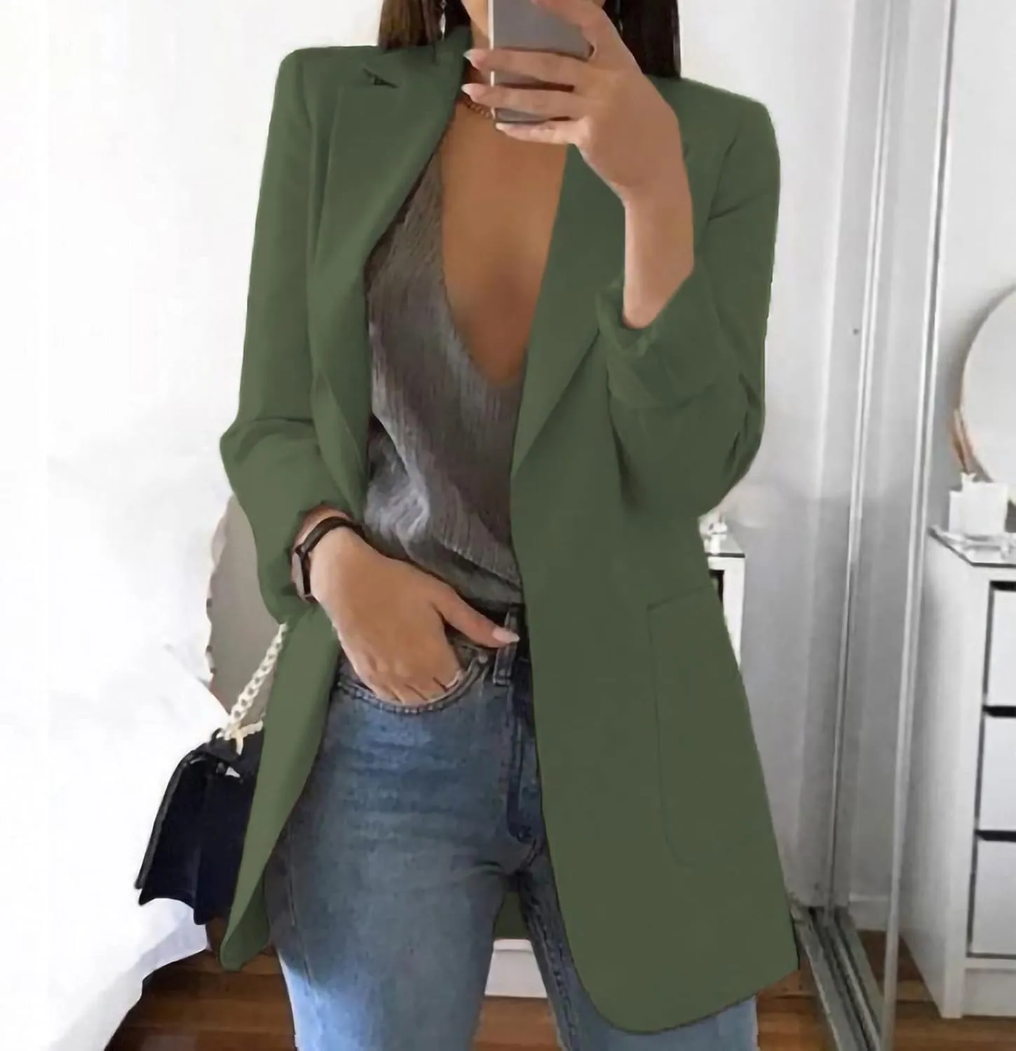 Womens Casual Blazer Fall Windproof Coat Solid Business Suit Work Office Jacket with Pocket Cardigans Plus Size Outwear