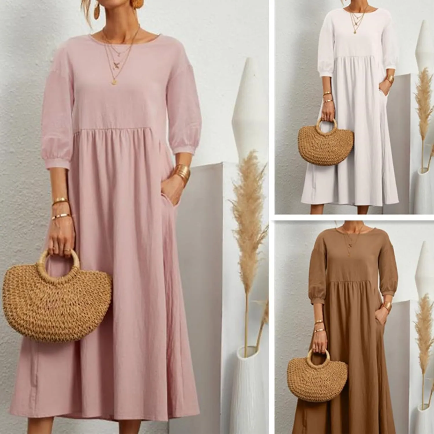 Women's Casual Summer Dresses Round Neck Short Sleeve Cotton Sundresses Beach Dress 2025