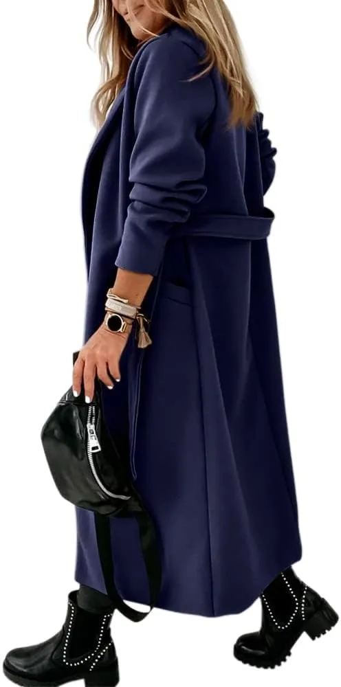 Womens Classic Coat Lapel Collar Open Front Belted Long Jacket