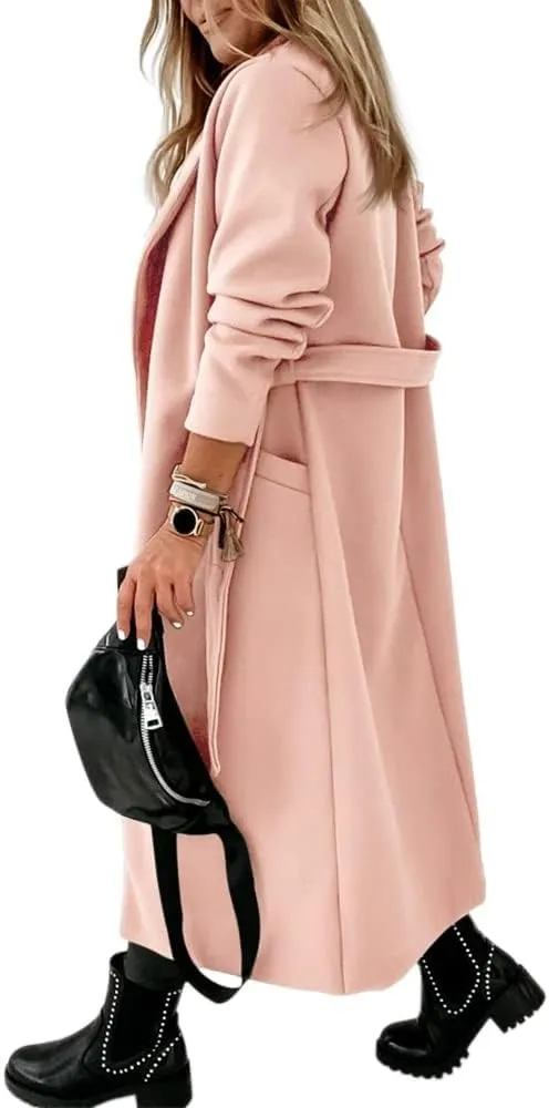 Womens Classic Coat Lapel Collar Open Front Belted Long Jacket