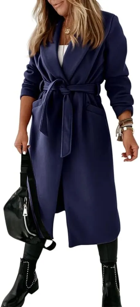 Womens Classic Coat Lapel Collar Open Front Belted Long Jacket