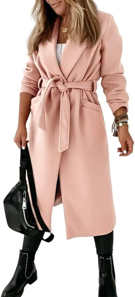 Womens Classic Coat Lapel Collar Open Front Belted Long Jacket