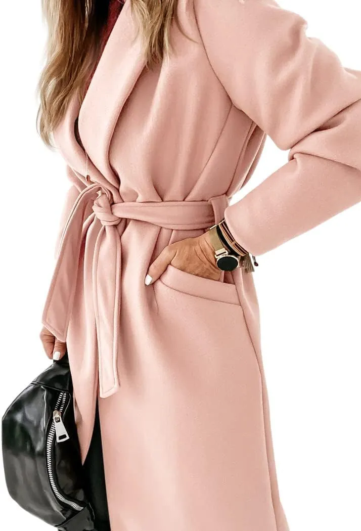 Womens Classic Coat Lapel Collar Open Front Belted Long Jacket