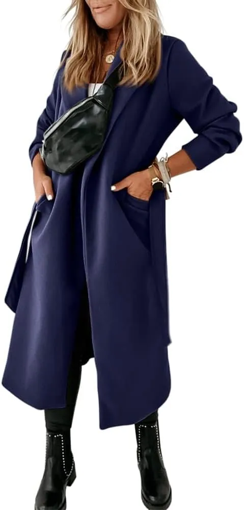 Womens Classic Coat Lapel Collar Open Front Belted Long Jacket