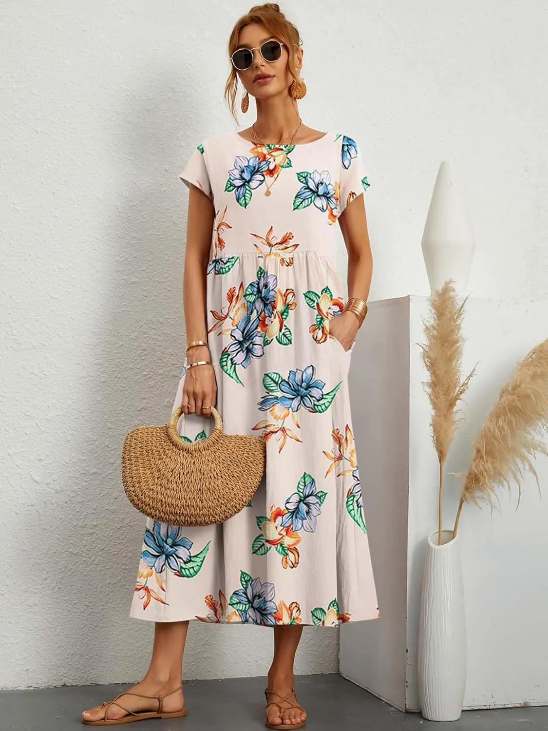 Womens Cotton Linen Boho Floral Maxi Dress Summer Short Sleeve Beach Vacation Flowy Long Dresses with Pockets
