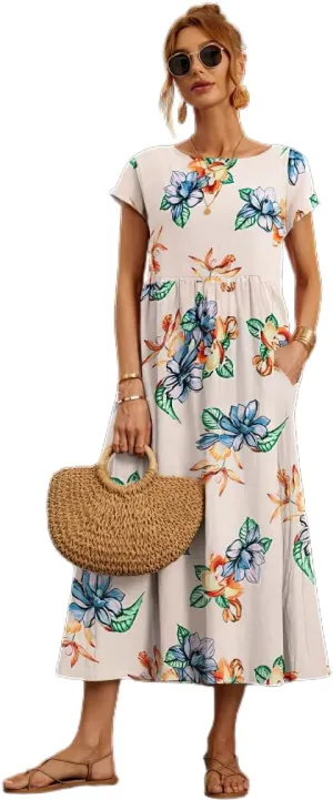 Womens Cotton Linen Boho Floral Maxi Dress Summer Short Sleeve Beach Vacation Flowy Long Dresses with Pockets