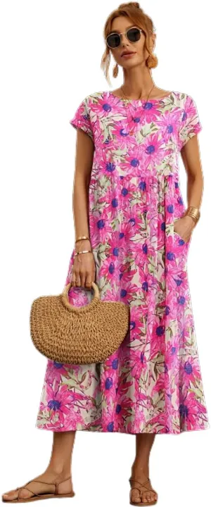 Womens Cotton Linen Boho Floral Maxi Dress Summer Short Sleeve Beach Vacation Flowy Long Dresses with Pockets