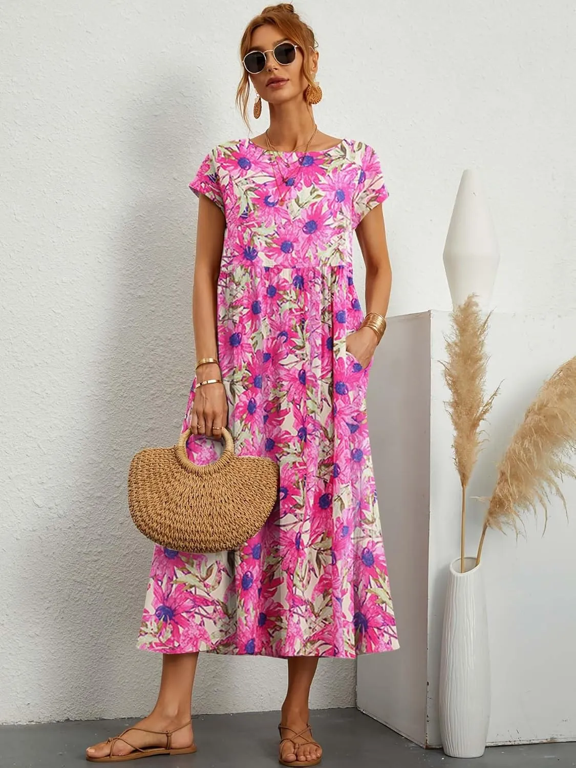 Womens Cotton Linen Boho Floral Maxi Dress Summer Short Sleeve Beach Vacation Flowy Long Dresses with Pockets