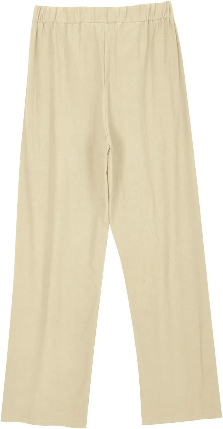 Womens Cotton Linen Pants Soft Lightweight Palazzo Pant High Waist Wide Leg Summer Trousers with Drawstring