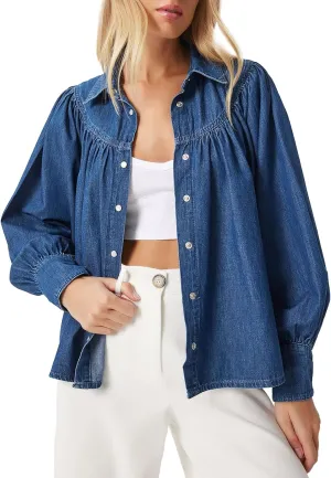 Womens Denim Shirt Jacket Long Sleeve Snap Button Loose Fit Smocked Top Casual Jean Shacket
