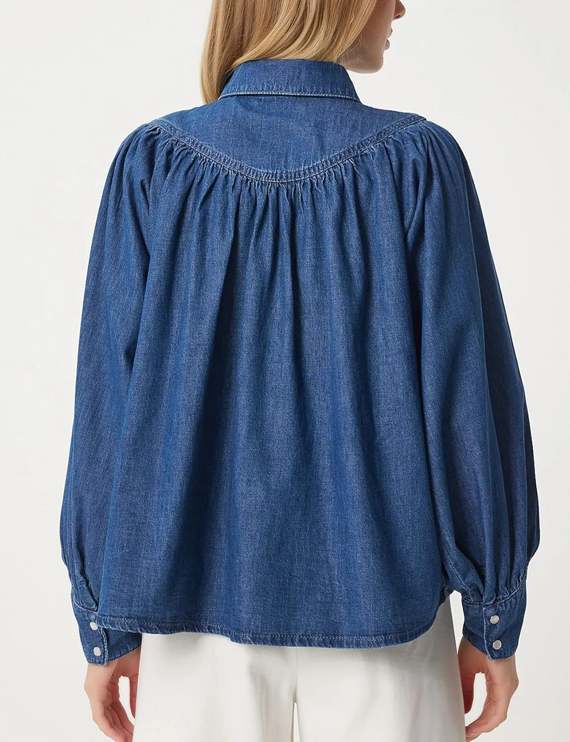 Womens Denim Shirt Jacket Long Sleeve Snap Button Loose Fit Smocked Top Casual Jean Shacket