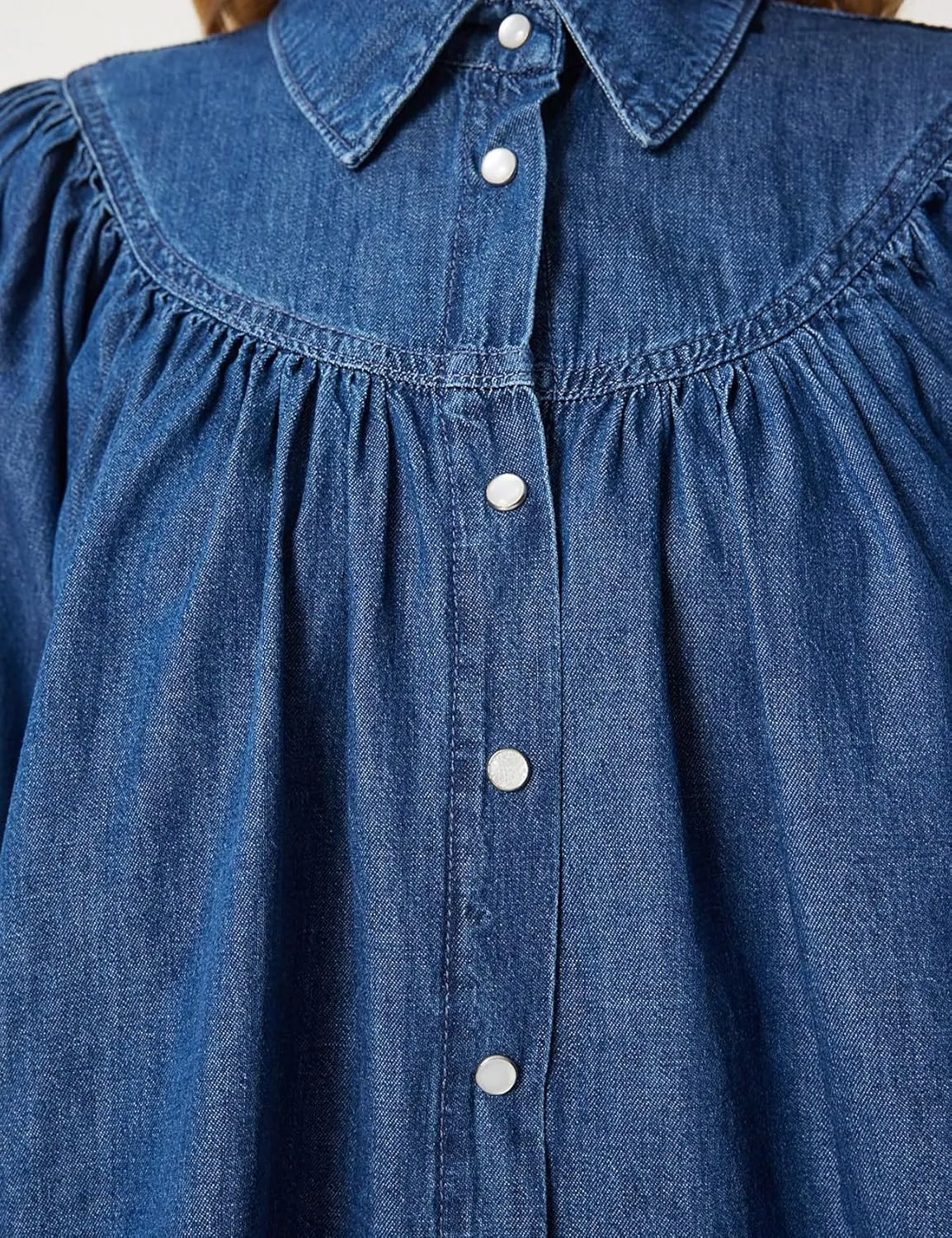 Womens Denim Shirt Jacket Long Sleeve Snap Button Loose Fit Smocked Top Casual Jean Shacket