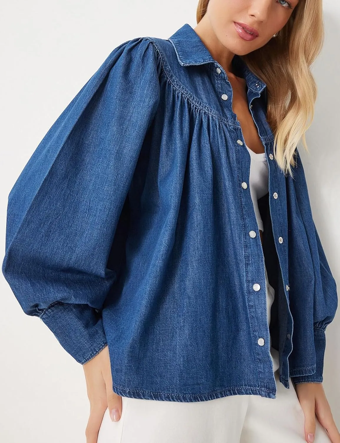 Womens Denim Shirt Jacket Long Sleeve Snap Button Loose Fit Smocked Top Casual Jean Shacket