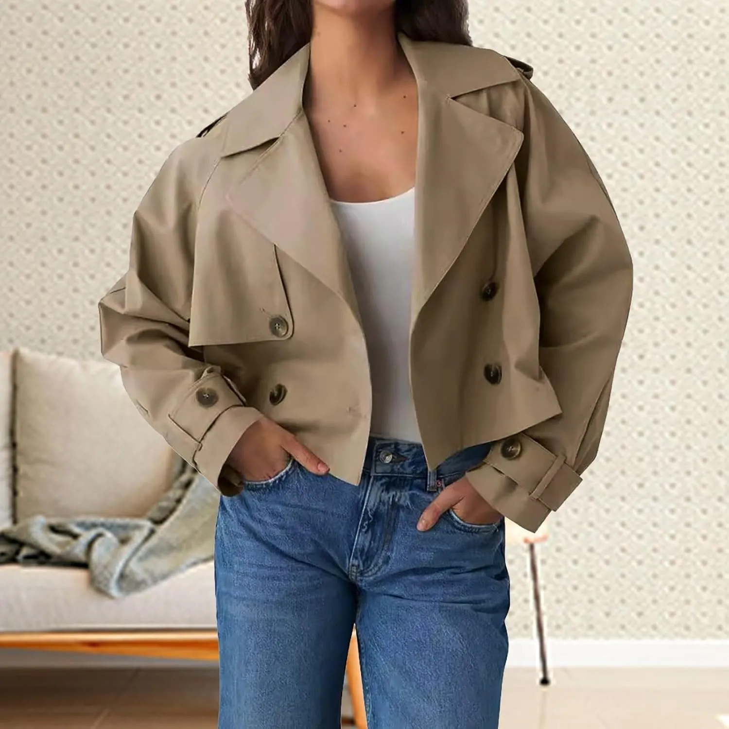 Women's Double Breasted Cropped Trench Coat Autumn Long Sleeve Buttoned Lapel Work Jacket Office Business Shackets