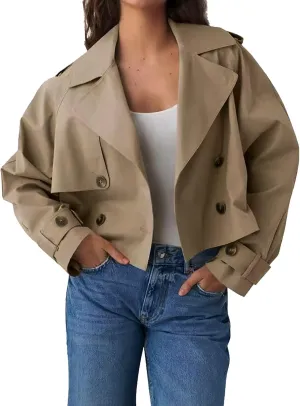 Women's Double Breasted Cropped Trench Coat Autumn Long Sleeve Buttoned Lapel Work Jacket Office Business Shackets