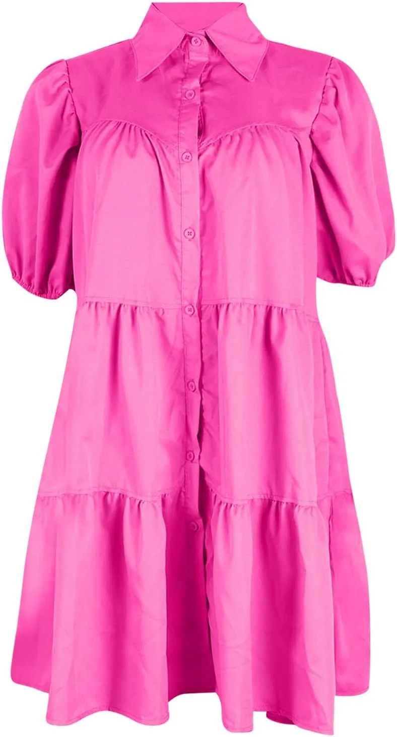 Women's Dresses A Line Loose Ruffle Tiered Lightweight Dress Solid Color Lapel Collar Dress Summer Short Mini Dress