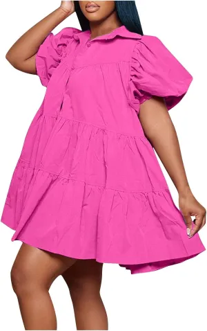 Women's Dresses A Line Loose Ruffle Tiered Lightweight Dress Solid Color Lapel Collar Dress Summer Short Mini Dress