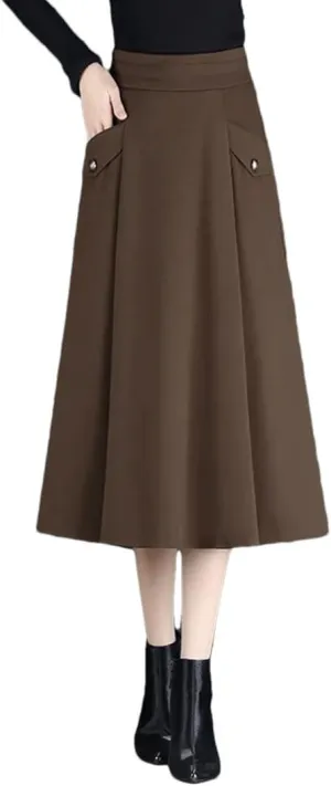 Women's High Waisted A-Line Skirt Pleated Midi Skirt Office Pockets Skirt
