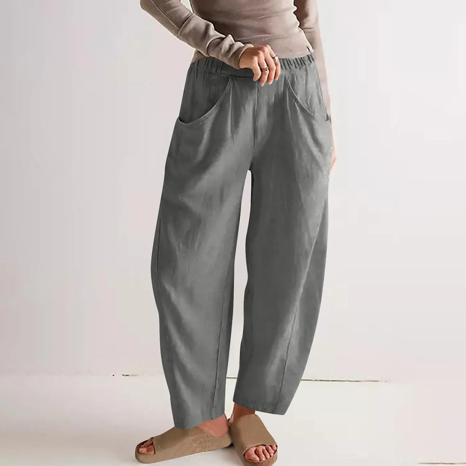 Womens Linen Pants with Pockets Lounge Soft Wide Leg Pants Plus Size Summer Beach Straight Leg Trousers