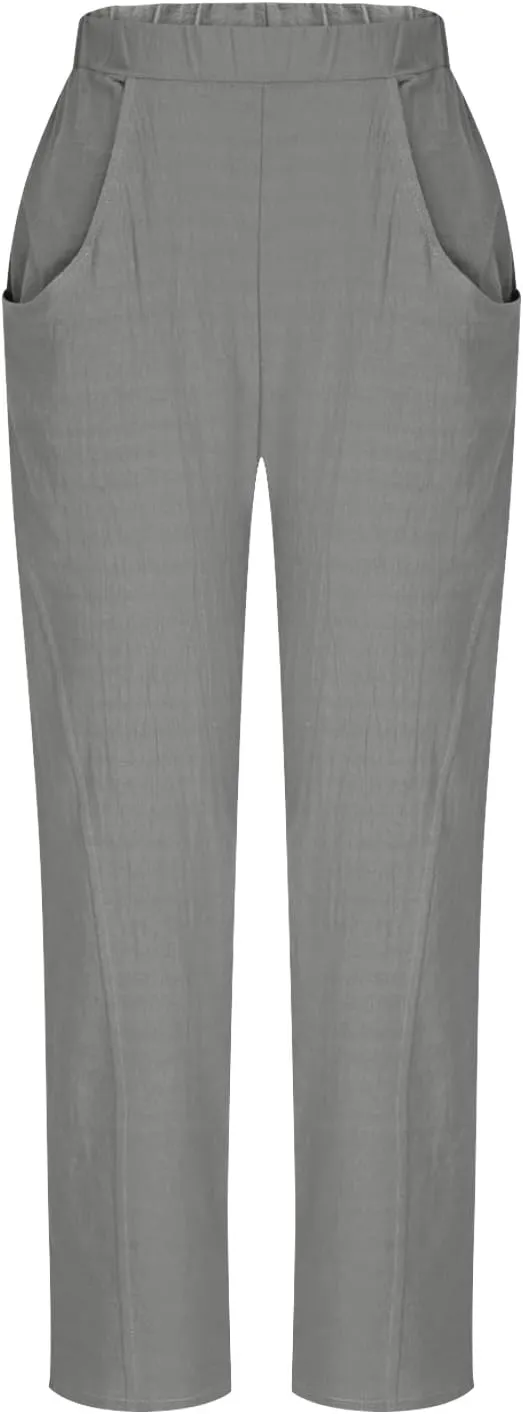 Womens Linen Pants with Pockets Lounge Soft Wide Leg Pants Plus Size Summer Beach Straight Leg Trousers