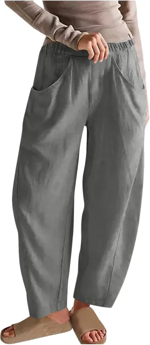 Womens Linen Pants with Pockets Lounge Soft Wide Leg Pants Plus Size Summer Beach Straight Leg Trousers