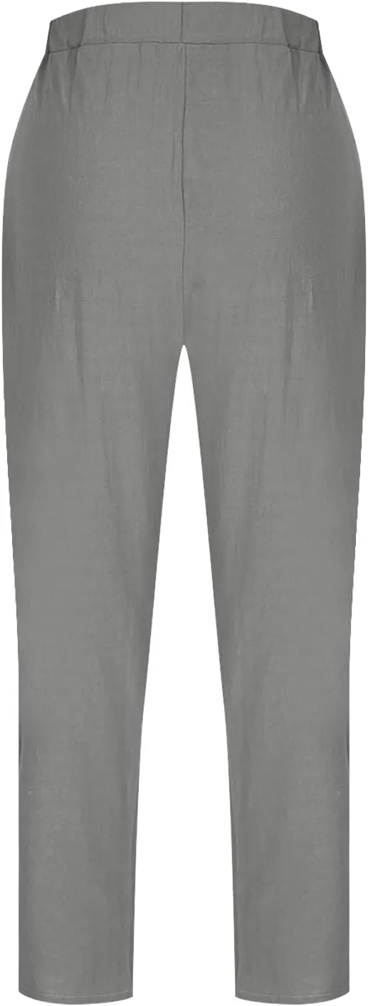 Womens Linen Pants with Pockets Lounge Soft Wide Leg Pants Plus Size Summer Beach Straight Leg Trousers