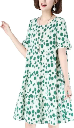 Women's Loose Printed Folds Ruffles Polka Dot Mini Dress Summer Office Lady Floral Dress