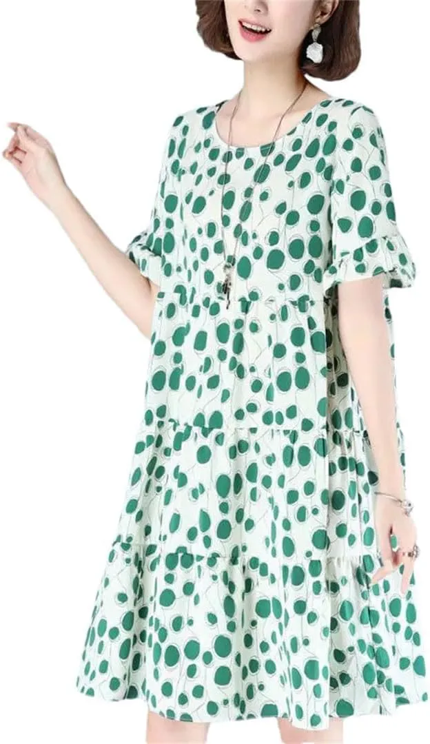 Women's Loose Printed Folds Ruffles Polka Dot Mini Dress Summer Office Lady Floral Dress