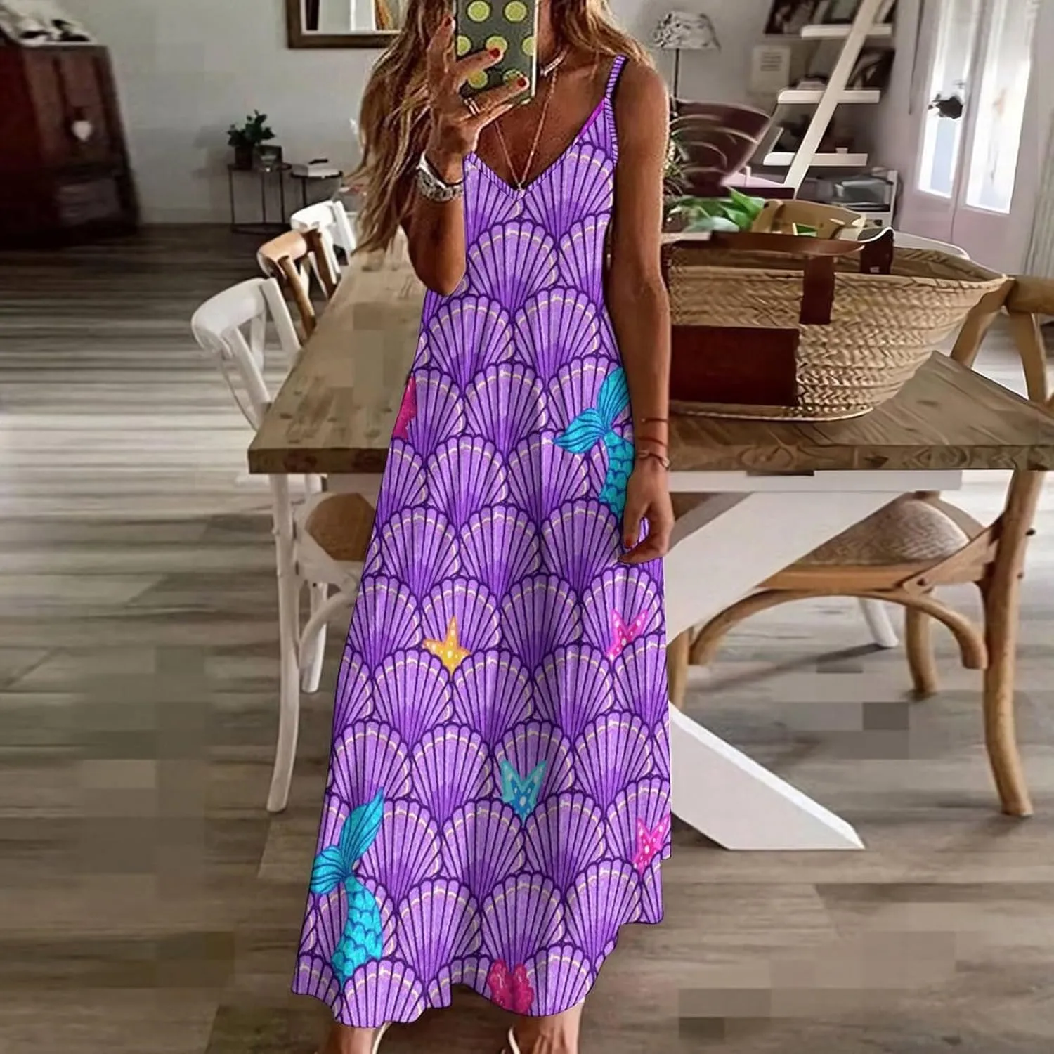Women's Maxi Dress Tie Dye Seashell Summer Sun Dresses Casual Loose Long Dress V Neck Sleeveless Beach Dresses