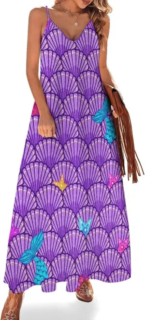 Women's Maxi Dress Tie Dye Seashell Summer Sun Dresses Casual Loose Long Dress V Neck Sleeveless Beach Dresses