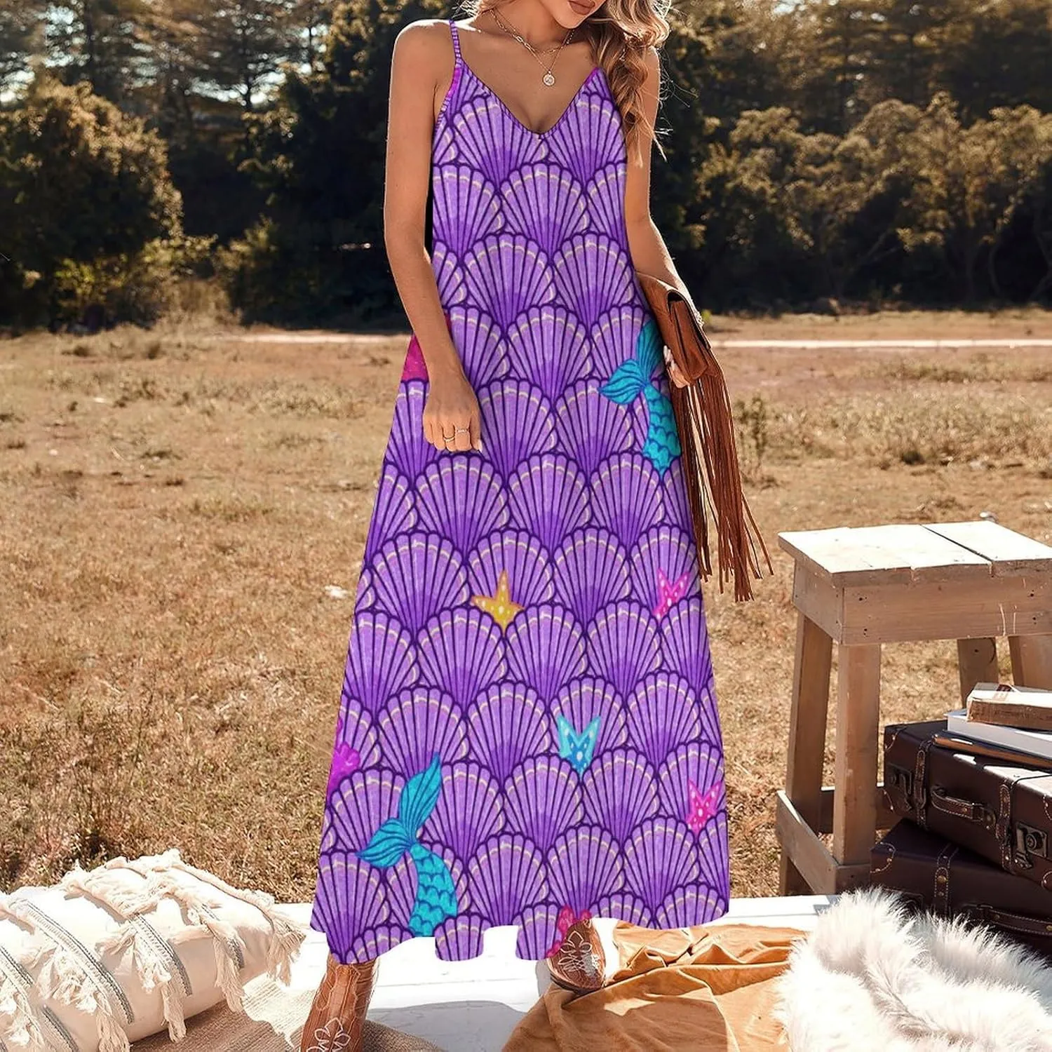 Women's Maxi Dress Tie Dye Seashell Summer Sun Dresses Casual Loose Long Dress V Neck Sleeveless Beach Dresses