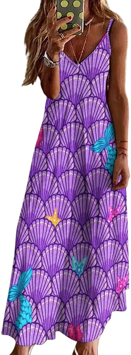 Women's Maxi Dress Tie Dye Seashell Summer Sun Dresses Casual Loose Long Dress V Neck Sleeveless Beach Dresses