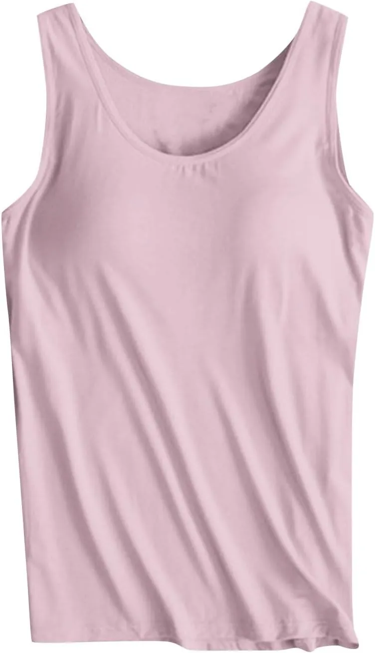 Women's Modal Tanks Tops with Built-in Bra Padded Yoga Camisole Crewneck Casual Pajama Top Sleeveless Summer Tees