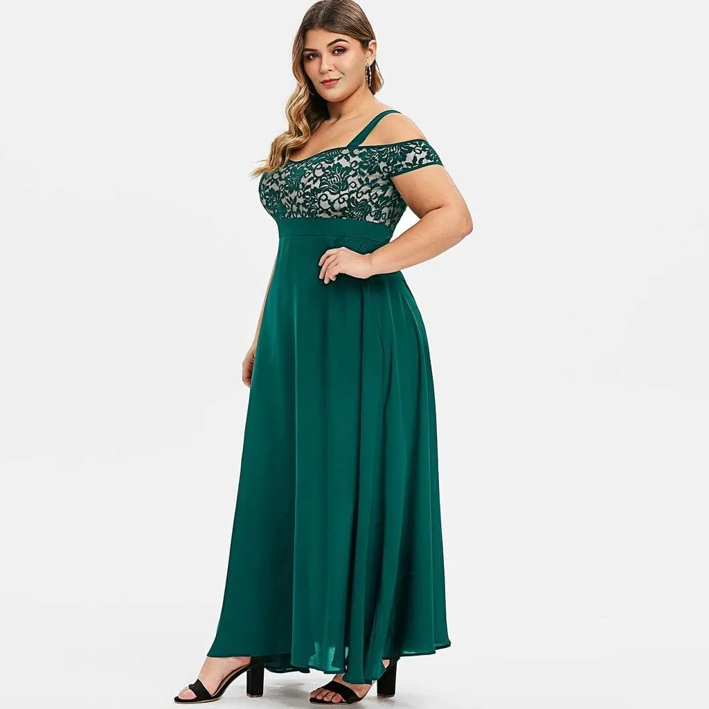 Women's Plus Size Off Shoulder Evening Dress Lace Bodice Flowy Chiffon Formal Wedding Party Maxi Dresses