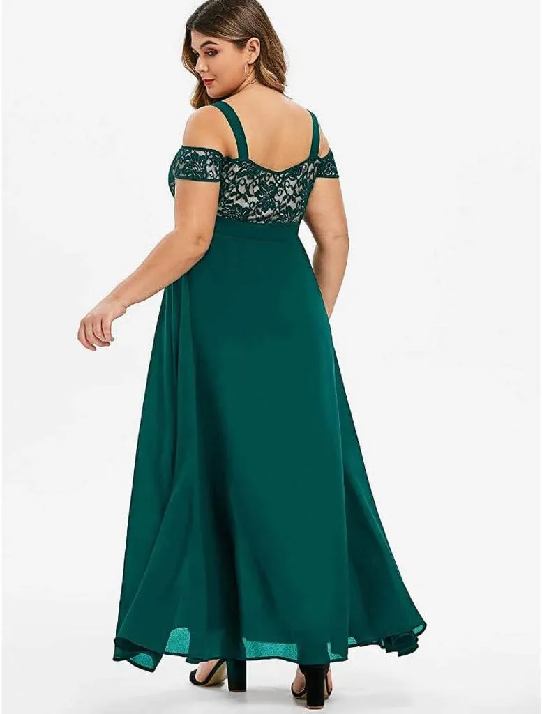 Women's Plus Size Off Shoulder Evening Dress Lace Bodice Flowy Chiffon Formal Wedding Party Maxi Dresses