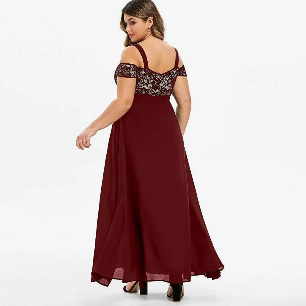 Women's Plus Size Off Shoulder Evening Dress Lace Bodice Flowy Chiffon Formal Wedding Party Maxi Dresses
