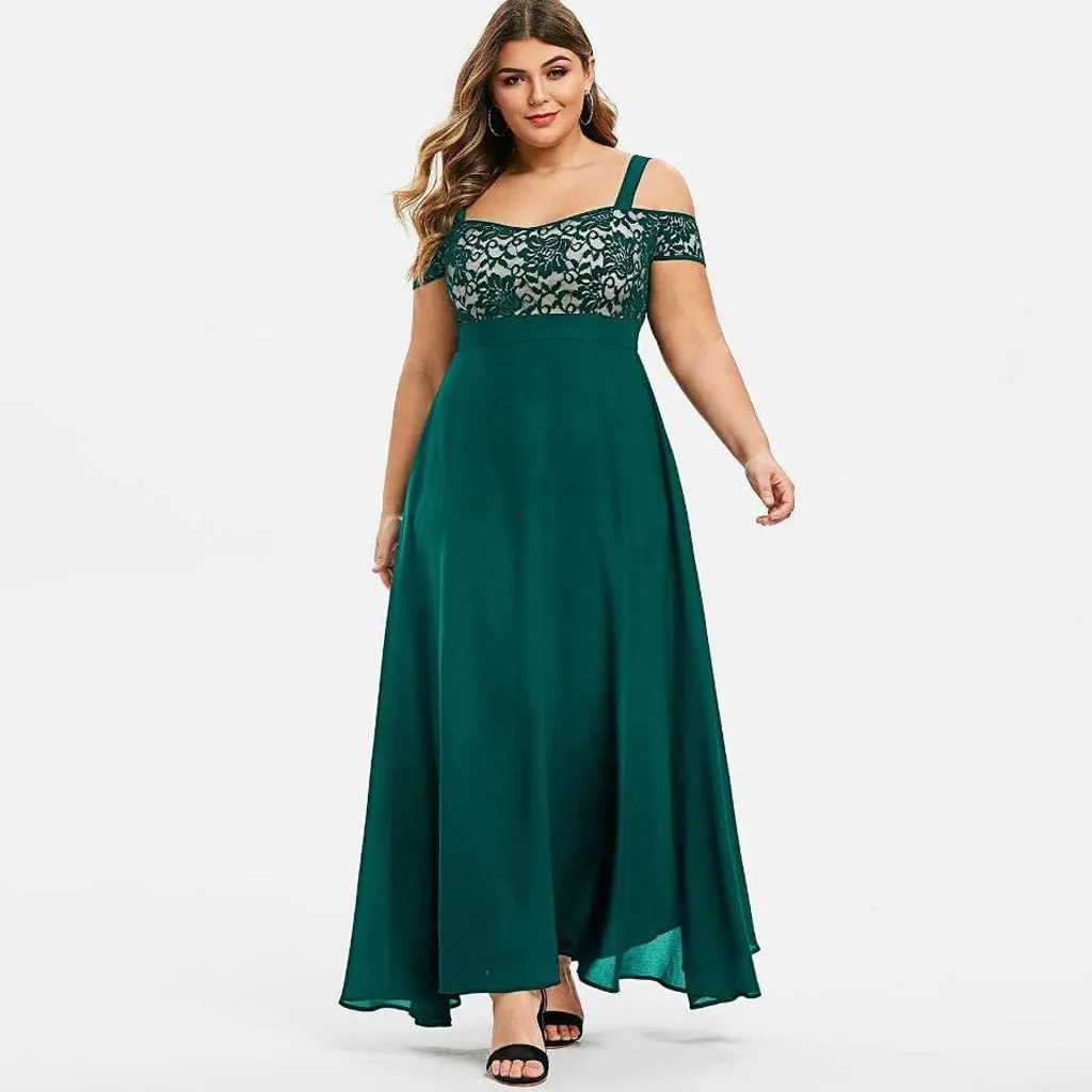 Women's Plus Size Off Shoulder Evening Dress Lace Bodice Flowy Chiffon Formal Wedding Party Maxi Dresses