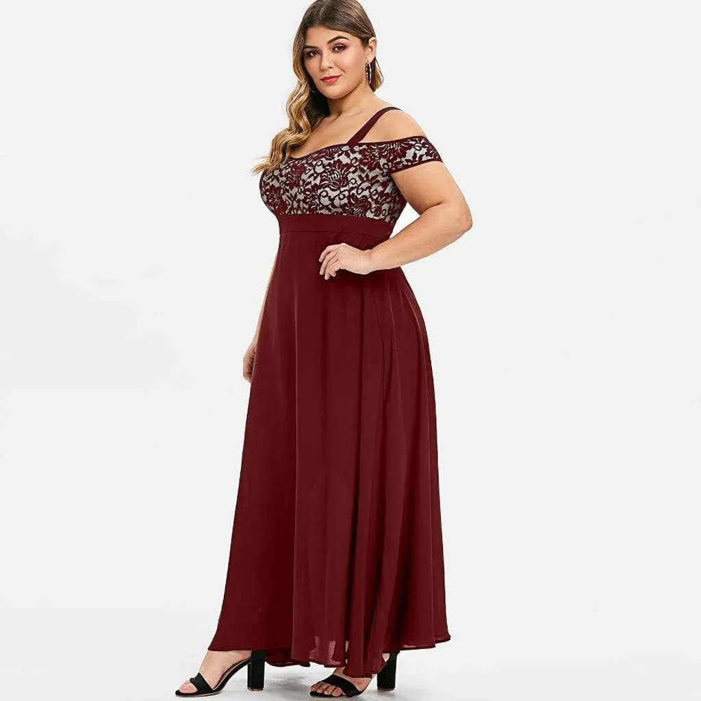 Women's Plus Size Off Shoulder Evening Dress Lace Bodice Flowy Chiffon Formal Wedding Party Maxi Dresses
