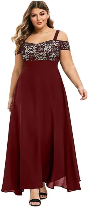 Women's Plus Size Off Shoulder Evening Dress Lace Bodice Flowy Chiffon Formal Wedding Party Maxi Dresses