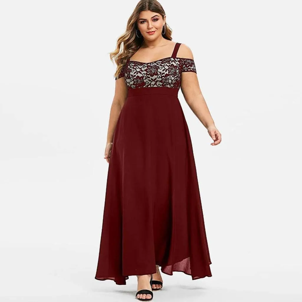 Women's Plus Size Off Shoulder Evening Dress Lace Bodice Flowy Chiffon Formal Wedding Party Maxi Dresses