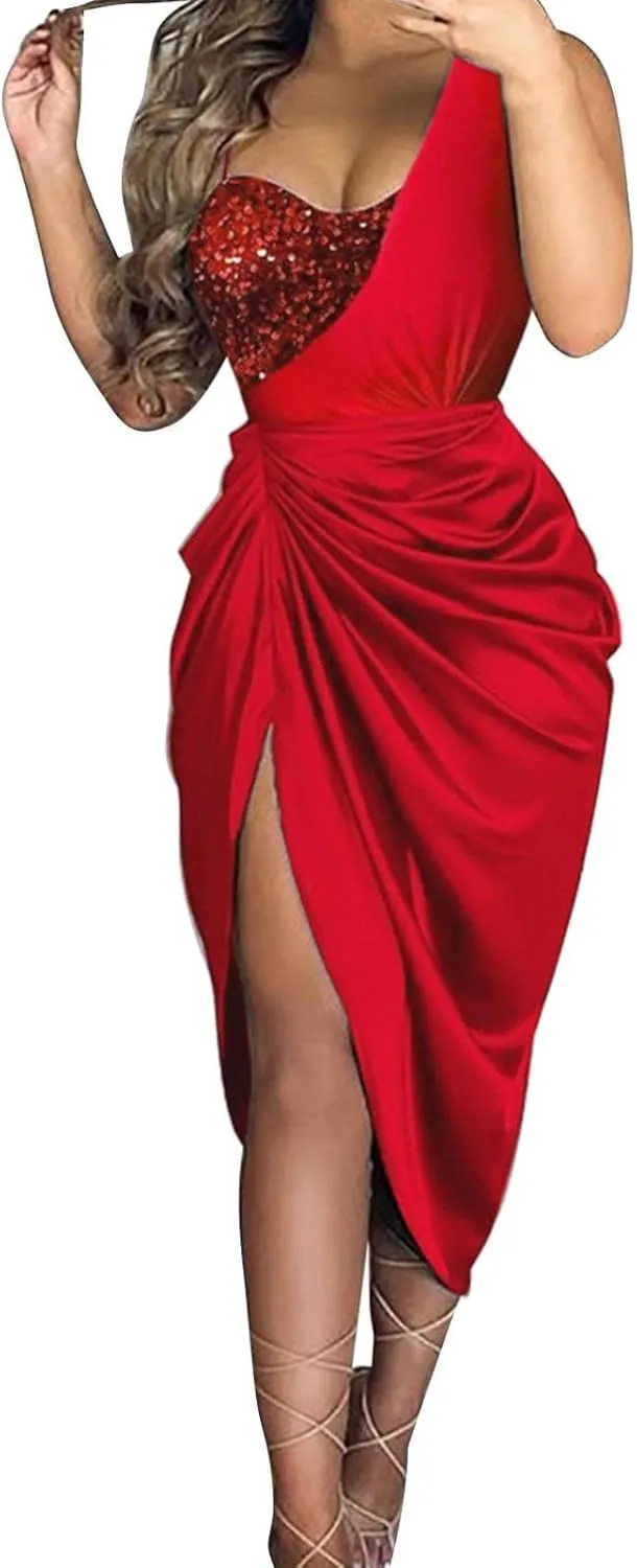Women's Sexy One Shoulder Ruched Split Dress Sleeveless Sparkly Sequin Party Dress for Wedding Cocktail