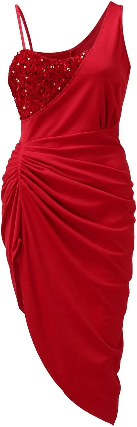 Women's Sexy One Shoulder Ruched Split Dress Sleeveless Sparkly Sequin Party Dress for Wedding Cocktail