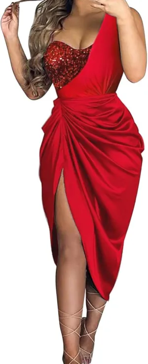 Women's Sexy One Shoulder Ruched Split Dress Sleeveless Sparkly Sequin Party Dress for Wedding Cocktail
