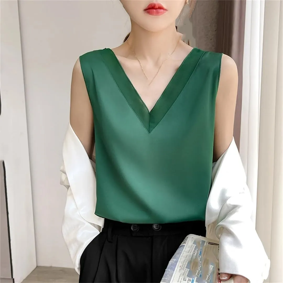 Women's Silk Satin Camisole Loose Sleeveless Thin Top with T-Shirt   Base Layer Vest