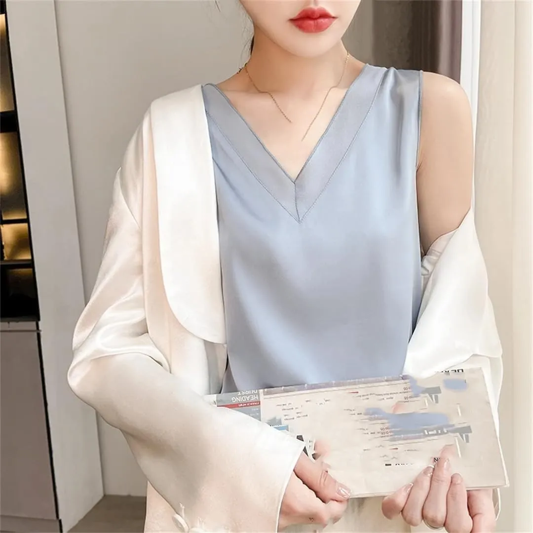 Women's Silk Satin Camisole Loose Sleeveless Thin Top with T-Shirt   Base Layer Vest
