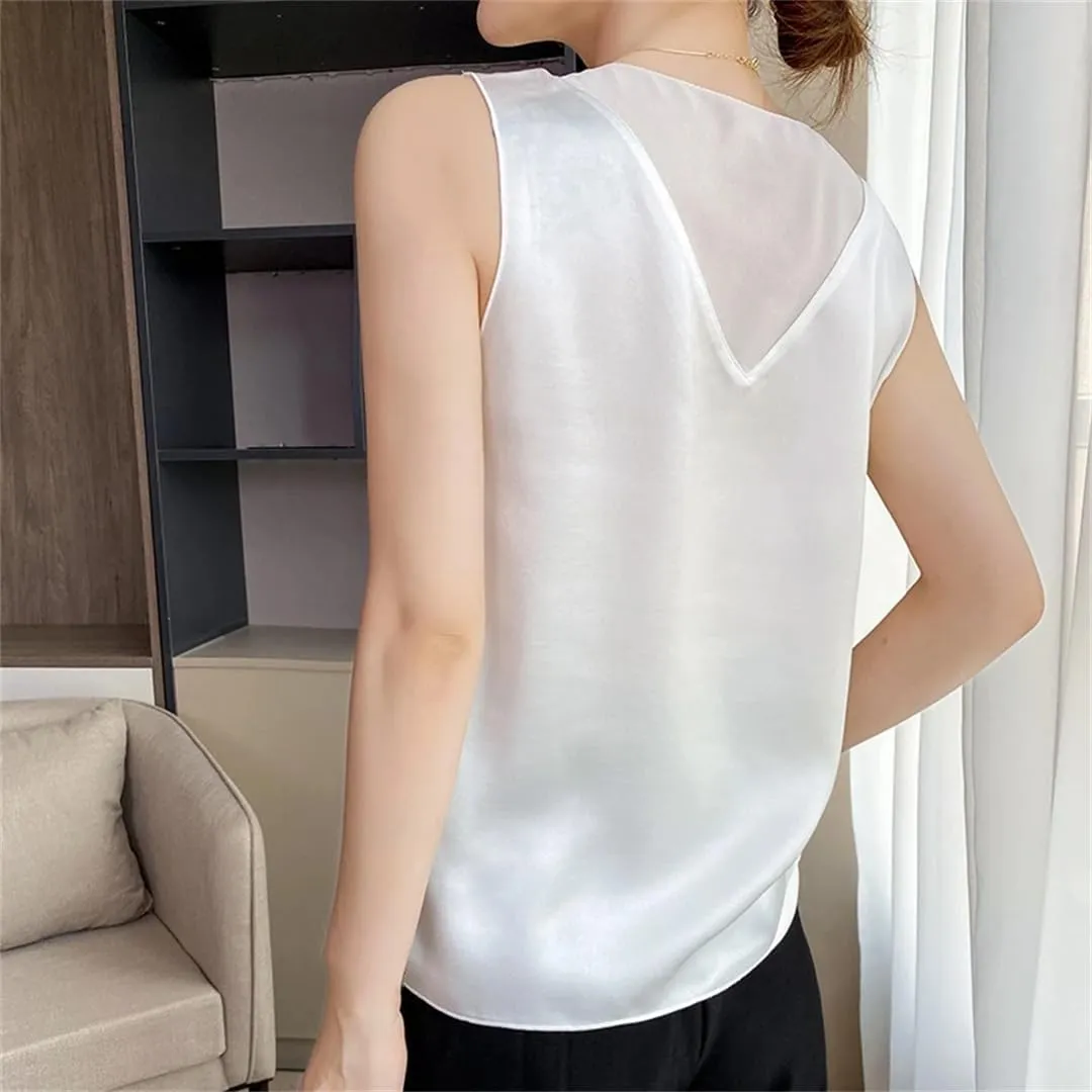 Women's Silk Satin Camisole Loose Sleeveless Thin Top with T-Shirt   Base Layer Vest