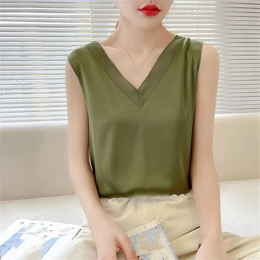 Women's Silk Satin Camisole Loose Sleeveless Thin Top with T-Shirt   Base Layer Vest