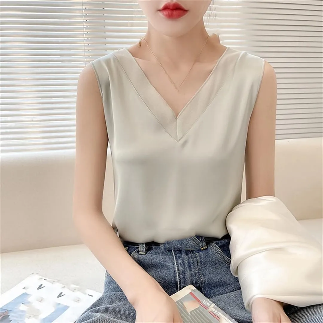 Women's Silk Satin Camisole Loose Sleeveless Thin Top with T-Shirt   Base Layer Vest