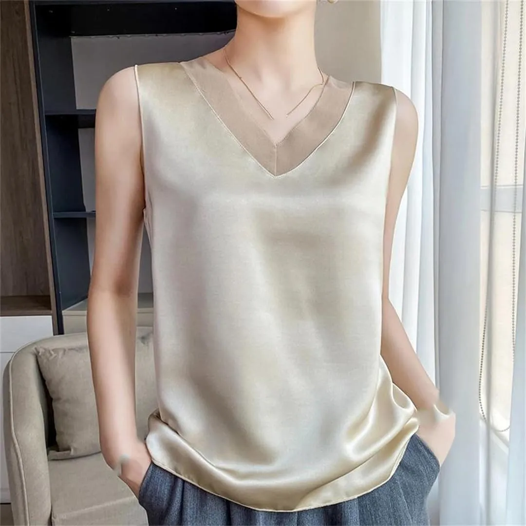 Women's Silk Satin Camisole Loose Sleeveless Thin Top with T-Shirt   Base Layer Vest